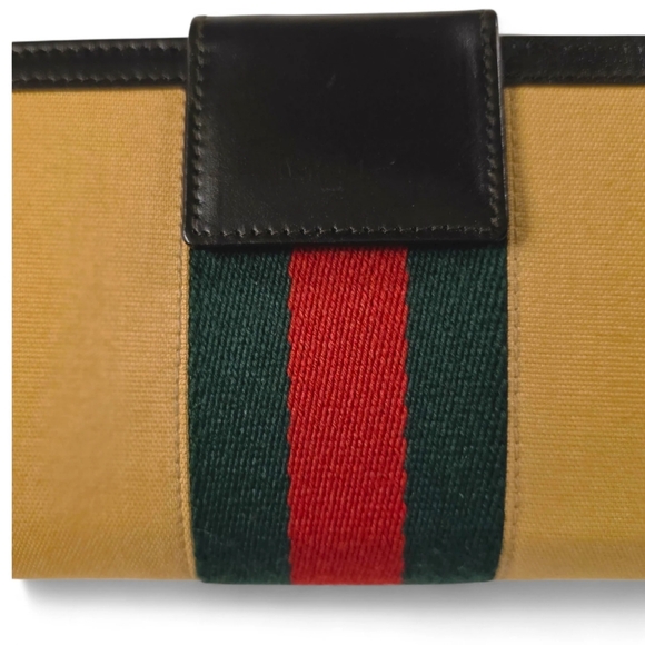 Vintage Gucci Sherry Web Beige Canvas & Brown Leather Wallet Made in Italy - Picture 3 of 11